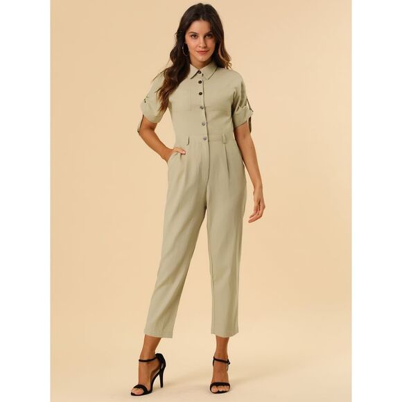 Short Sleeve Collared Cropped Button Down Tie Waist Cotton Cargo Jumpsuit Khaki - Picture 5 of 6